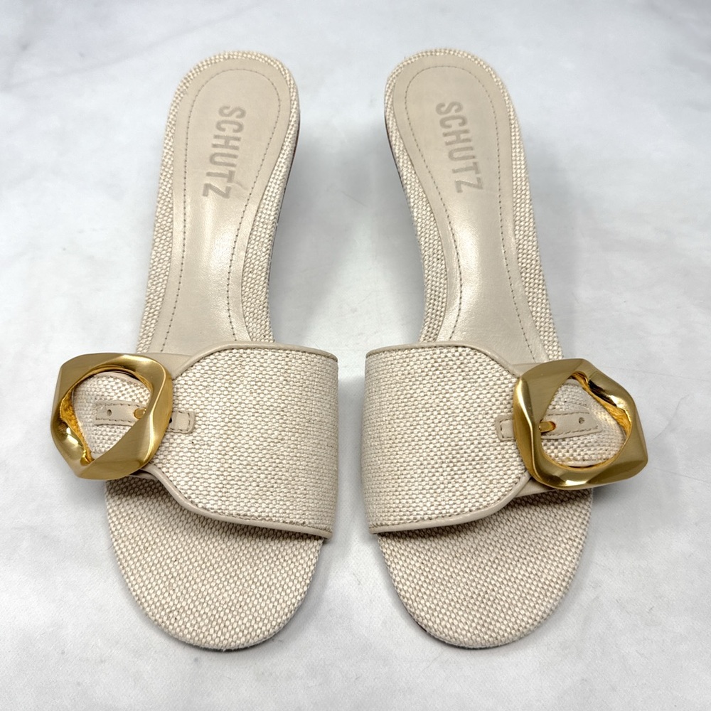 NEW Schutz Olga 55 Brushed Buckle Textured Linen Canvas Kitten Heel Sandals 6 - Picture 3 of 13